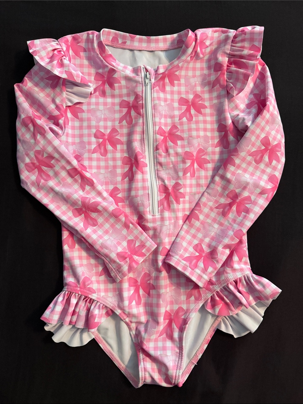 Kids Long-Sleeve Pink Bow Print One-Piece Swimsuit